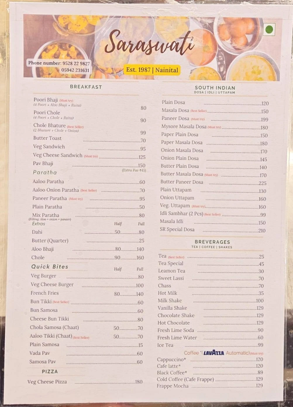 Saraswati Vegetarian Restaurant Menu